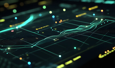 Futuristic financial dashboards and luxury business charts with glowing neon lines, gold accents, and connected nodes for corporate branding.
