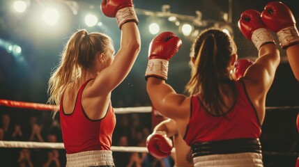 Women boxing team celebrating a championship win in the ring, high-fiving and cheering, with the audience in the background