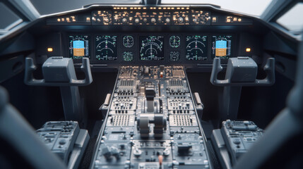  This illustration showcases the cockpit (flight deck) of a modern commercial passenger jet aircraft, emphasizing the advanced design of a glass cockpit.