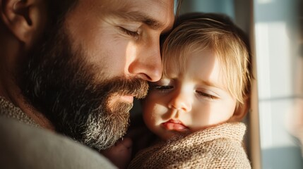 The photograph portrays a bearded father gently cradling his sleeping baby, enjoying a tender and quiet moment, with soft natural light highlighting their connection.