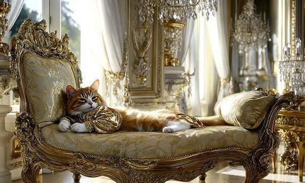 A ginger cat lounging on a luxurious gold chaise lounge in a palatial setting.