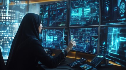 A woman dressed in a dark outfit is intently reviewing digital data on several screens in a futuristic workspace