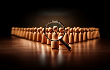 A magnifying glass focuses on a single wooden figure in a row of similar figures.