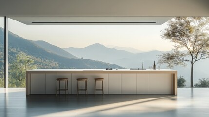 A beautifully crafted minimalist kitchen with an island and elegant seating. The large window provides stunning views and natural light, making the space feel open and inviting