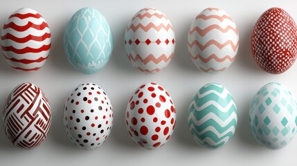 Obraz premium This image presents ten eggs arranged in a neat row, each featuring intricate designs and vibrant colors, showcasing playful creativity and artistic excellence.