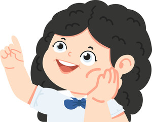 girl sitting with hand under chin pointing to something