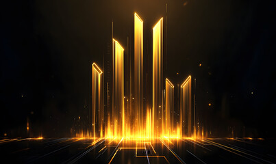 Futuristic financial dashboards and luxury business charts with glowing neon lines, gold accents, and connected nodes for corporate branding.