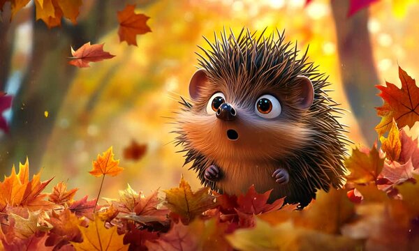 A surprised cartoon hedgehog standing in a pile of colorful autumn leaves.