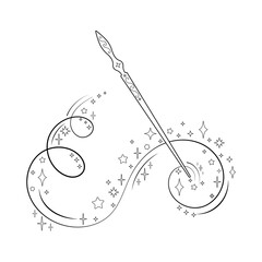 Magic wand. Swirling movement of fairy dust. Stars, sparks, fairy sorcery. Silhouette of a magic wand and an incantation. Symbol of a miracle