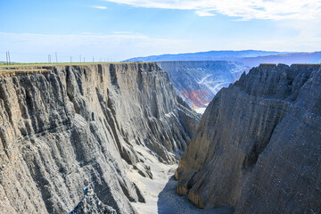 Spectacular Anjihai Grand Canyon natural landscape in Xinjiang. Weathered mountain and canyon in...