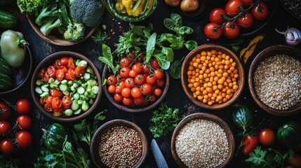 Colorful Spread of Fresh Vegetables and Grains on Table