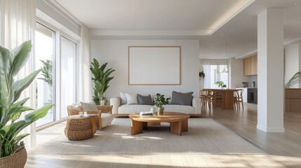 A beautifully designed modern living room showcases a blank poster on the wall, providing an ideal canvas for personalized decoration.