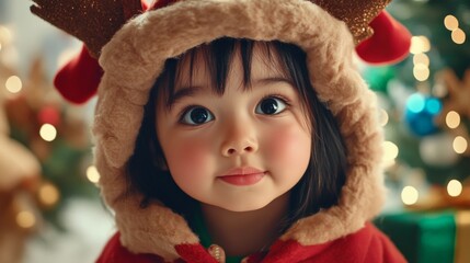 Baby with reindeer antlers, twinkling lights, and winter coziness - holiday portrait photography