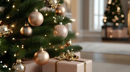 Christmas tree close-up with elegant gold ornaments and wrapped presents in cozy home decor