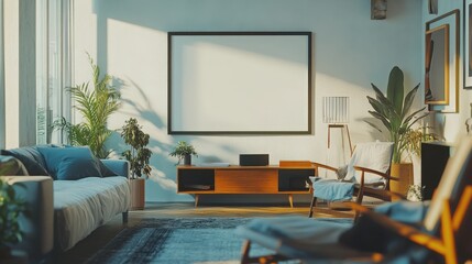 A beautifully designed modern living room showcases a blank poster on the wall, encouraging creative expression.