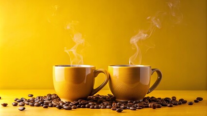 Fototapeta premium Two steaming cups of coffee resting on a bed of roasted beans against a warm yellow background.