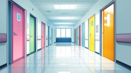 The hospital hallway was empty with a lively atmosphere with colorful doors on both sides and windows in front. The white tile floor had colorful stripes