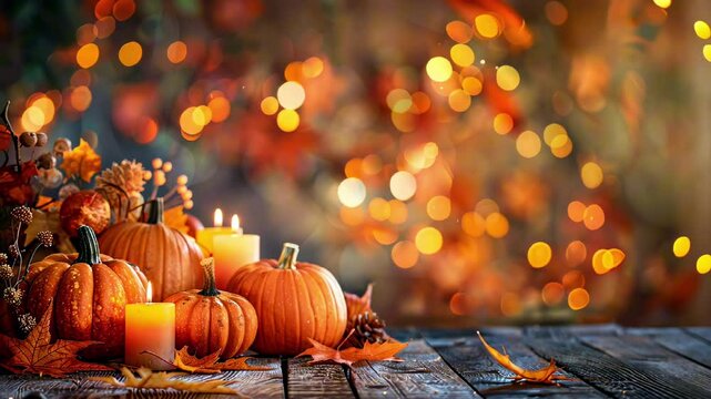 A warm autumn scene with small pumpkins and glowing candles on wooden table. Bokeh lighting, Thanksgiving celebration