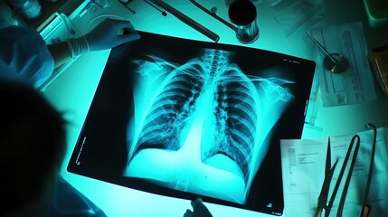 Doctor carefully examines X-ray film of patient's lungs, identifying COVID-19 complications, with medical instruments and charts in the background.