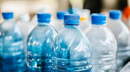 Blue plastic water bottles with condensation for environmentally-conscious hydration product marketing