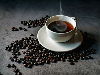 Coffee cup and coffee beans on gray background, Black coffee cup aromatic