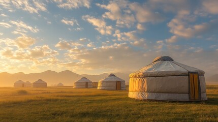 Yurts during a summer sunrise in Xinjiang, with golden light illuminating the grasslands and traditional tents