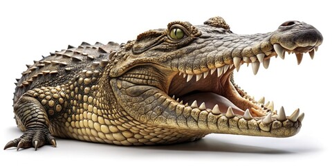 Naklejka premium A solitary crocodile set on a clean white backdrop, emphasizing its distinct appearance and fascinating details, ideal for nature and wildlife photography lovers.