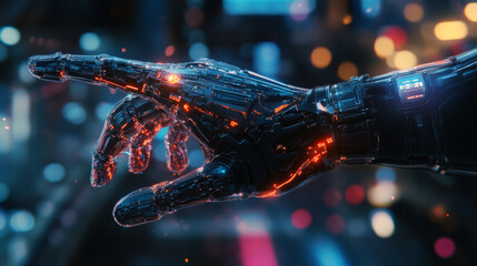 This 3D rendered illustration depicts a futuristic digital robot equipped with mechanical artificial arms, engaging with a smartphone touch screen. 