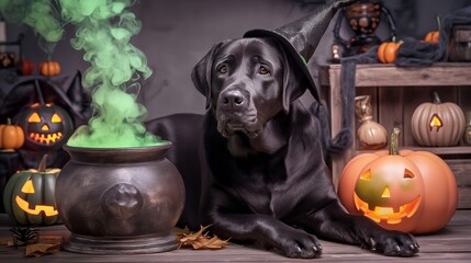 A large black labrador with a witch hat perched on its head, lying next to a bubbling cauldron with...