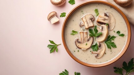Creamy mushroom soup in a bowl. Perfect for showcasing a delicious and comforting meal.