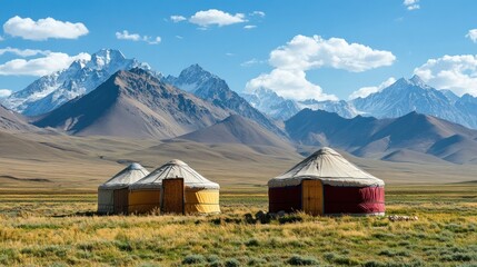 Yurts in the Xinjiang Uygur Autonomous Region, set against dramatic landscapes of mountains and vast open fields