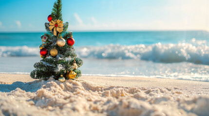 Christmas Tree on Sandy Beach with Ocean View
