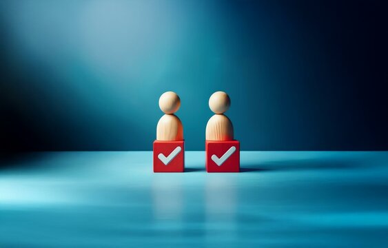Two wooden figures stand on red blocks with white checkmarks.