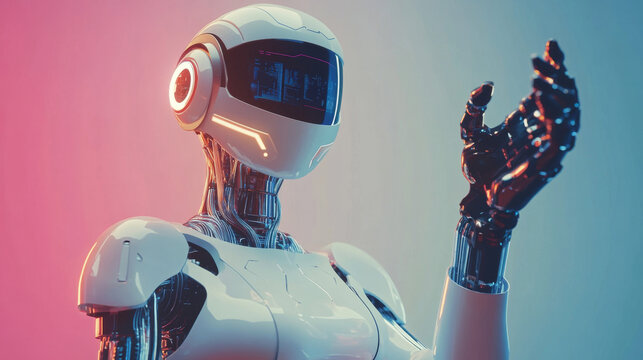 A robot or AI-powered bot takes control of a factory's operations. A female cyborg with artificial intelligence oversees and manages industrial manufacturing, guiding robotic arms to perform precise t