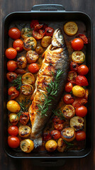 Platter of roasted fish and vegetables on wood table with baking tray