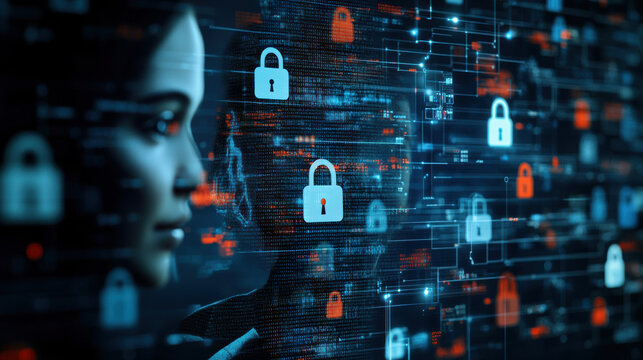image depicts user profile surrounded by digital padlocks, symbolizing privacy and security in technological environment. visual conveys sense of protection and importance of safeguarding personal