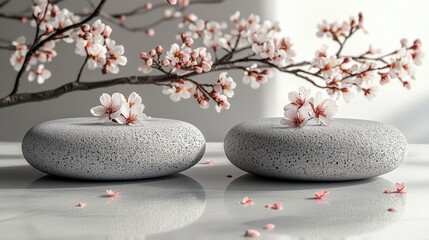 Beautiful spa composition with stones and flowers on grey background