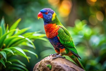 A stunning Loriini parrot rests on a rock, immersed in its vibrant habitat, showcasing natureâ€™s beauty through captivating product photography that inspires awe and wonder.