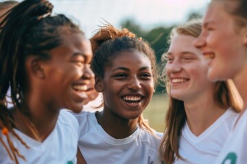 Obraz premium Teamwork of female volleyball team laughing sports smile.