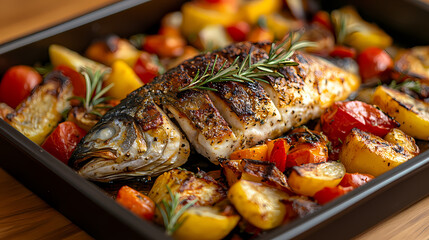 Platter of roasted fish and vegetables on wood table with baking tray