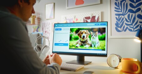 Young man enters text prompt in artificial intelligence app on computer. AI image generator creates...