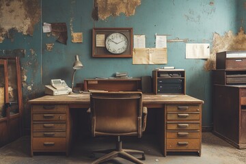 Old wooden desk in an office setting. A perfect photo for vintage office, abandoned building, or nostalgia concepts.