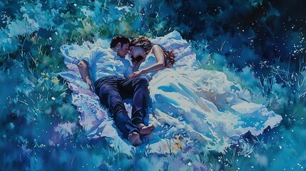 Fototapeta premium A romantic painting featuring a couple peacefully resting together, surrounded by a dreamy blue background that evokes tranquility and love.