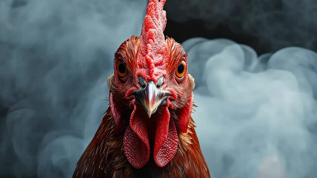 A rooster stares intently into the camera with a red wattle and comb, surrounded by smoke
