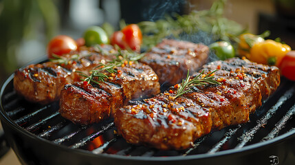 Grilled marinated meat and vegetables sizzle on a sizzling barbecue grill.