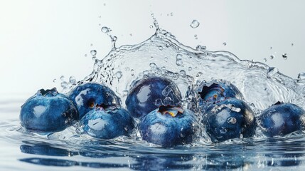 A creative composition of blueberries with splashes of water, emphasizing their freshness and vibrancy on a pristine white background
