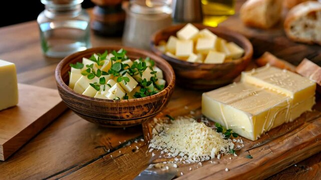 A wooden cutting board holds several types of cheese, including cubes of cheese with fresh herbs, a block of cheese with herbs, and grated cheese