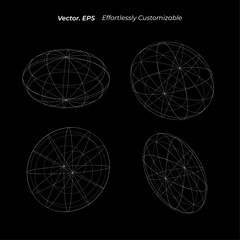Wireframe shapes lined big oval perspective mesh grid low poly 3D geometric retro futuristic set
