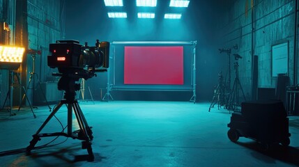 A camera on a tripod in a studio. This photo is perfect for showcasing the behind-the-scenes of a film set or video production.