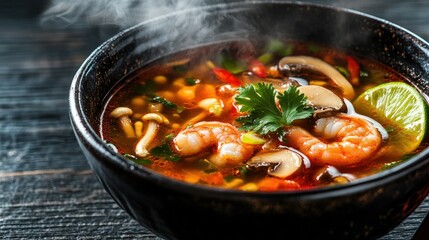 Steaming Bowl of Spicy Soup with Shrimp and Vegetables